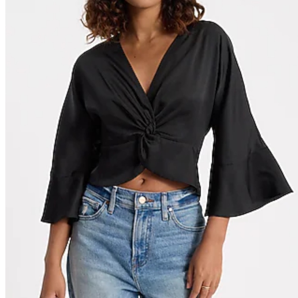 Express Satin Black Twist-Front Cropped Blouse